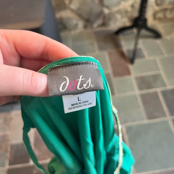 Dots Green & Gold Open Shoulder Top L - Picture 4 of 4